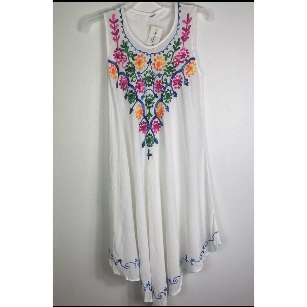 Women’s White Boho Sheer Cover Up Midi Dress Fairy Embroidered Boho One Size